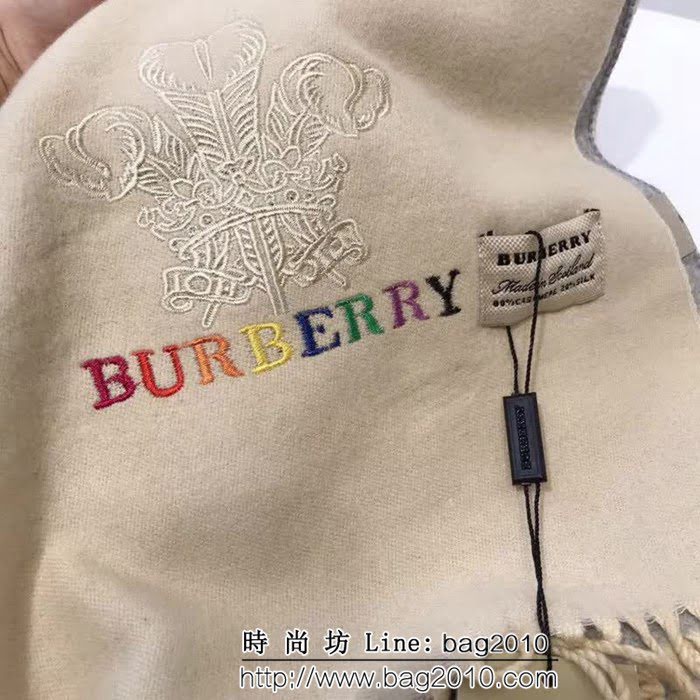 BURBERRY巴寶莉 2018新款 雙色雙面彩色刺繡羊絨圍巾 LLWJ6270
